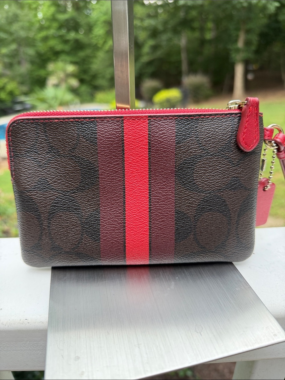 COACH Signature Stripe Zip Wristlet in Brown and Red - Picture 5 of 16
